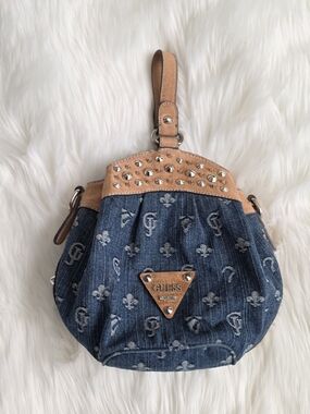 GUESS Blue Monogram Denim & Tan Studded Purse